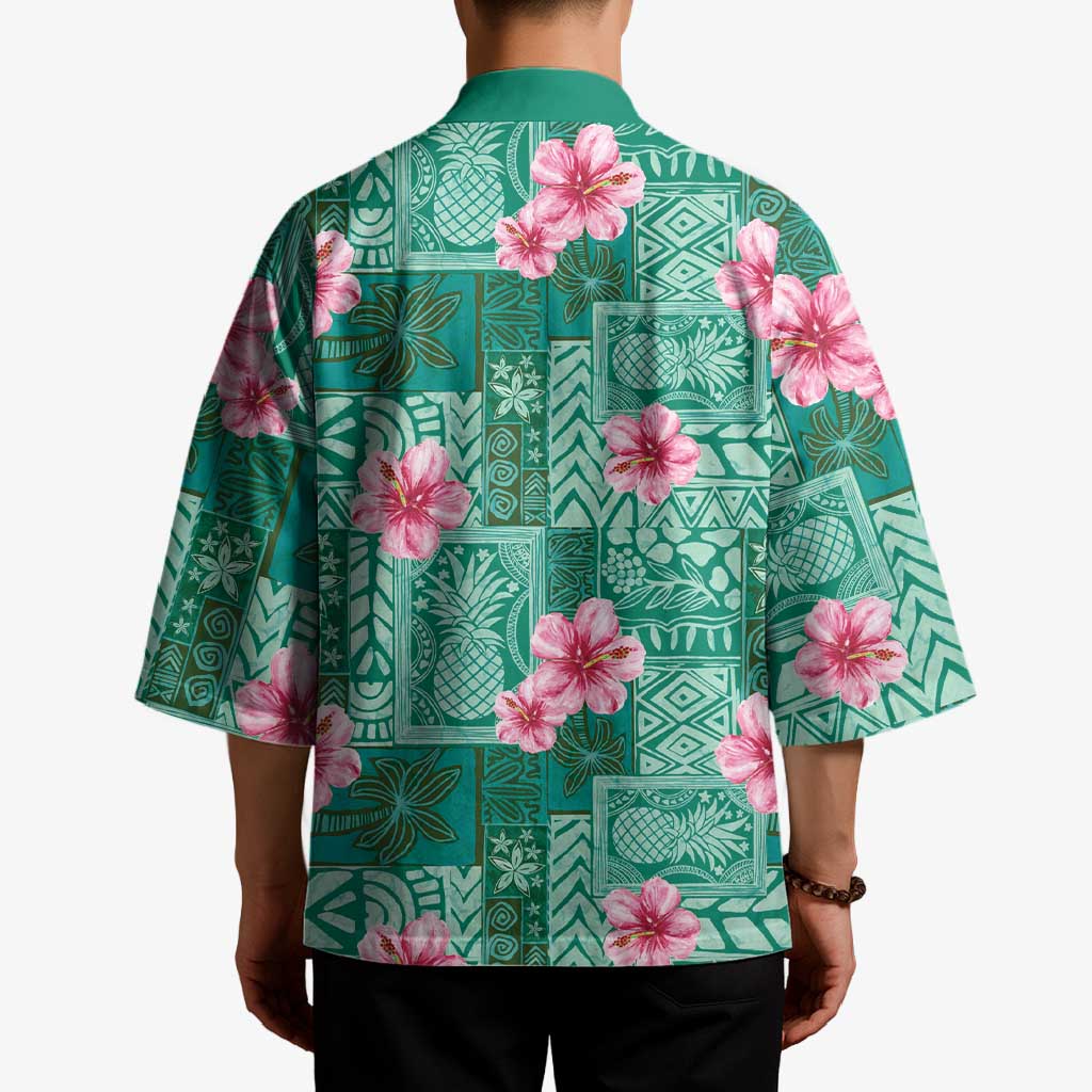 Cyan Hawaii Hibiscus With Tropical Flowers Motifs Kimono - Polynesian Pride