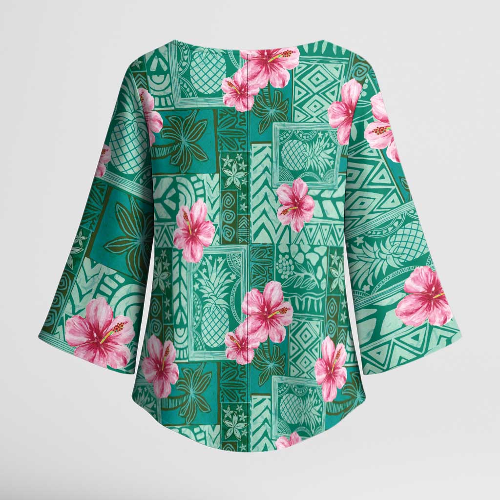 Cyan Hawaii Hibiscus With Tropical Flowers Motifs Kimono Sleeve Blouse - Polynesian Pride