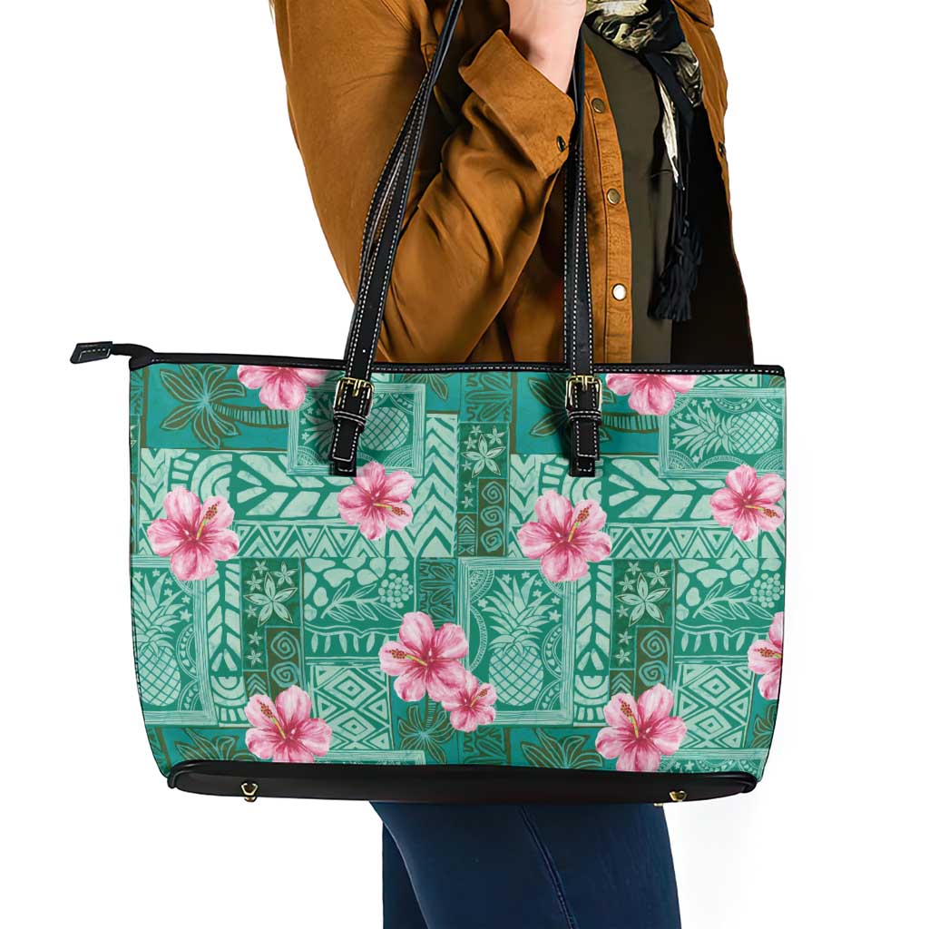 Cyan Hawaii Hibiscus With Tropical Flowers Motifs Leather Tote Bag - Polynesian Pride