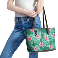Cyan Hawaii Hibiscus With Tropical Flowers Motifs Leather Tote Bag - Polynesian Pride
