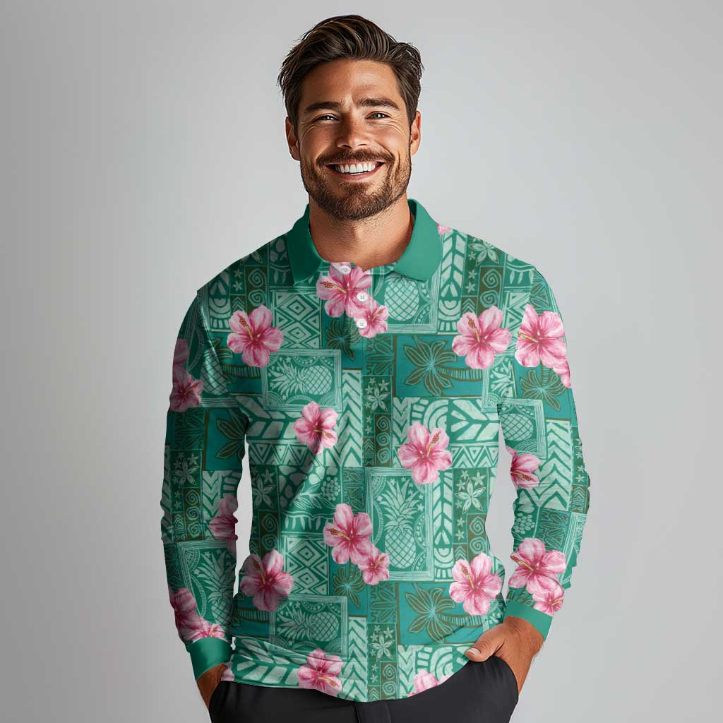 Cyan Hawaii Hibiscus With Tropical Flowers Motifs Long Sleeve Polo Shirt - Polynesian Pride
