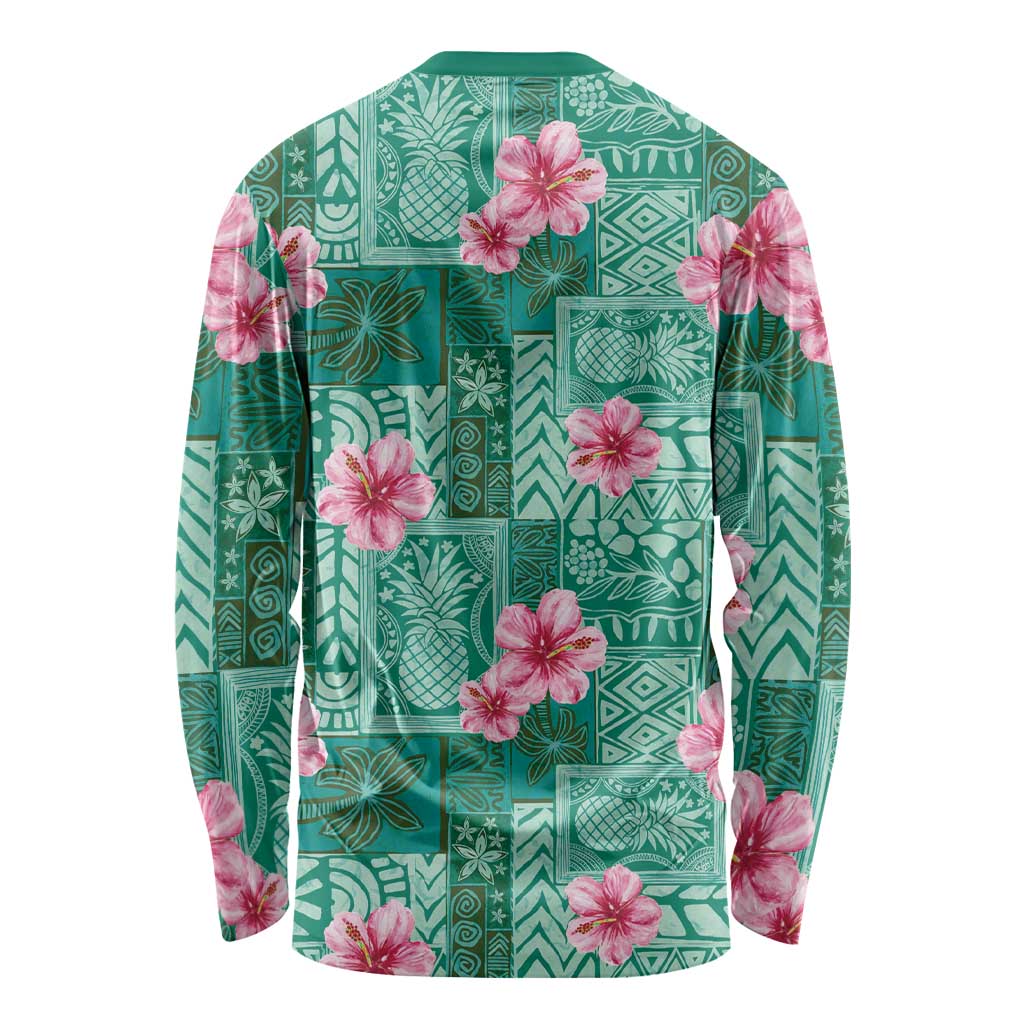 Cyan Hawaii Hibiscus With Tropical Flowers Motifs Long Sleeve Shirt - Polynesian Pride