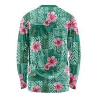 Cyan Hawaii Hibiscus With Tropical Flowers Motifs Long Sleeve Shirt - Polynesian Pride