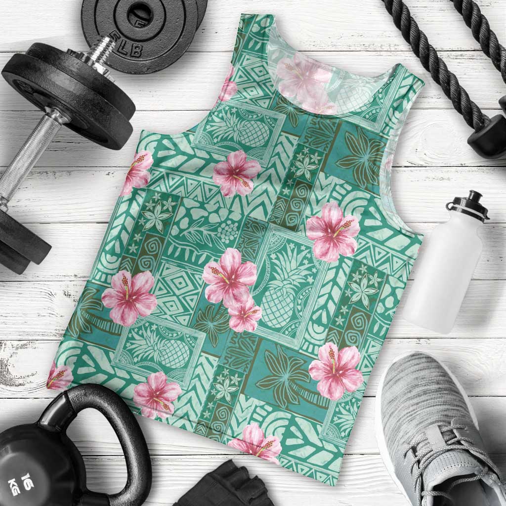 Cyan Hawaii Hibiscus With Tropical Flowers Motifs Men Tank Top - Polynesian Pride
