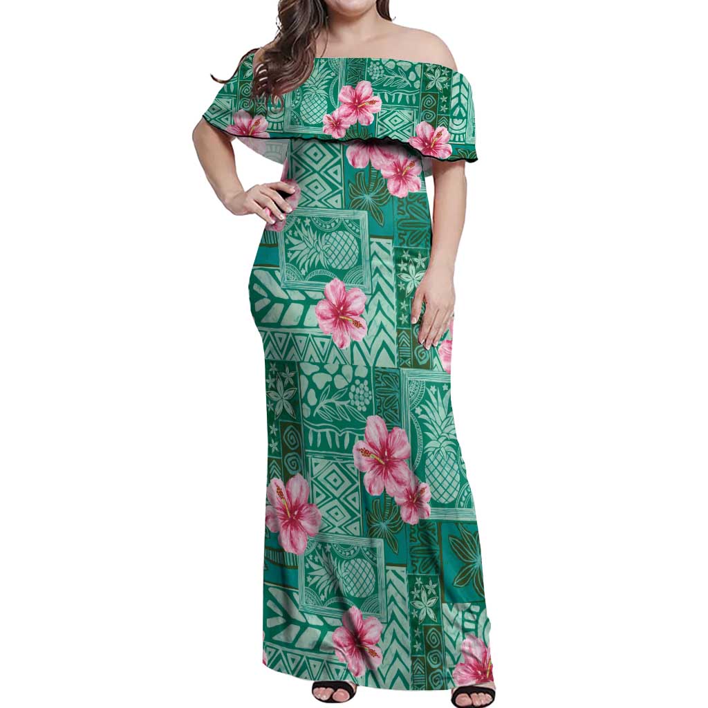 Cyan Hawaii Hibiscus With Tropical Flowers Motifs Off Shoulder Maxi Dress - Polynesian Pride