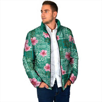 Cyan Hawaii Hibiscus With Tropical Flowers Motifs Padded Jacket - Polynesian Pride