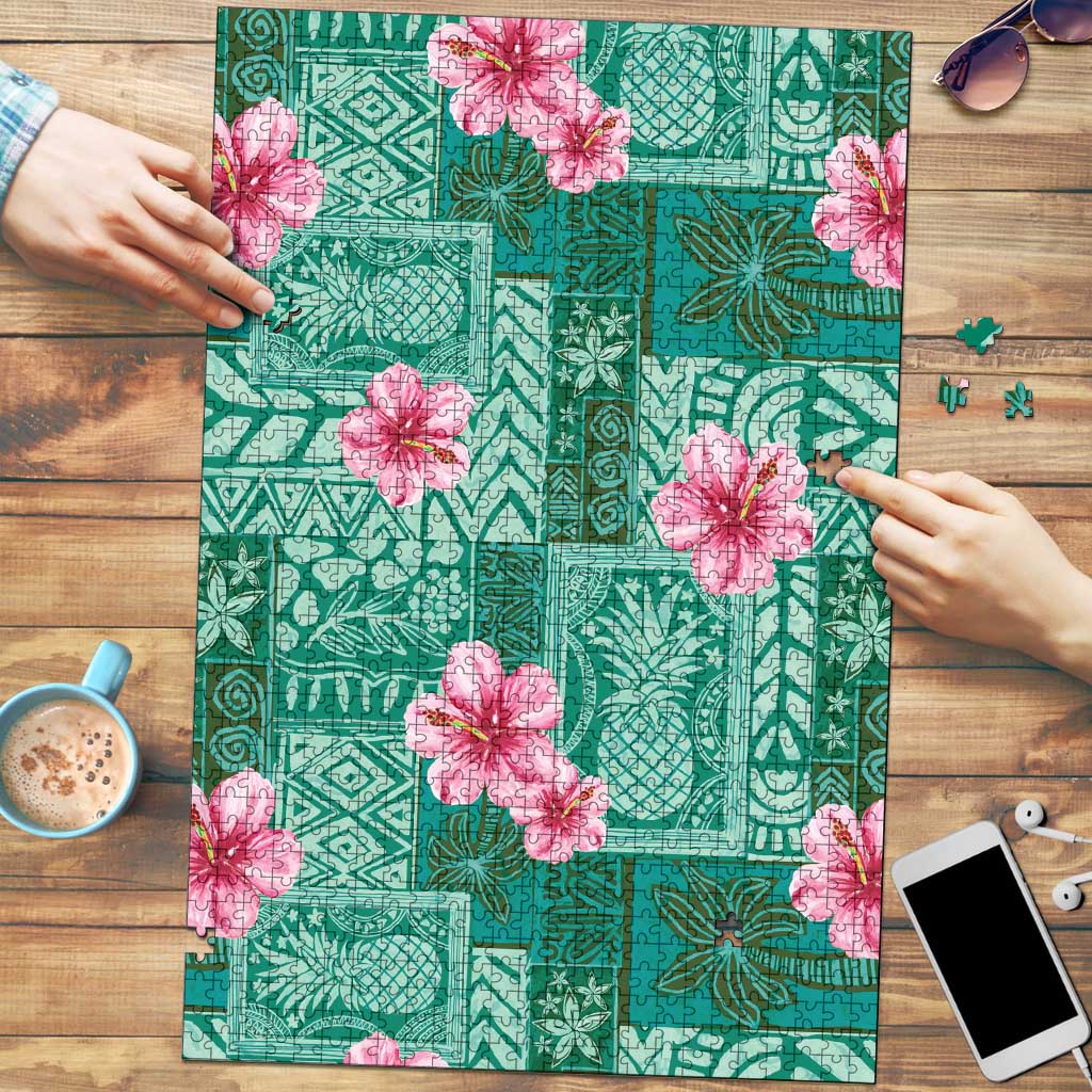 Cyan Hawaii Hibiscus With Tropical Flowers Motifs Puzzle - Polynesian Pride