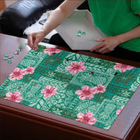 Cyan Hawaii Hibiscus With Tropical Flowers Motifs Puzzle - Polynesian Pride