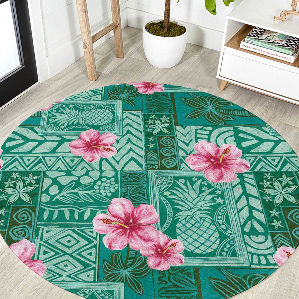 Cyan Hawaii Hibiscus With Tropical Flowers Motifs Round Carpet LT14 Cyan - Polynesian Pride