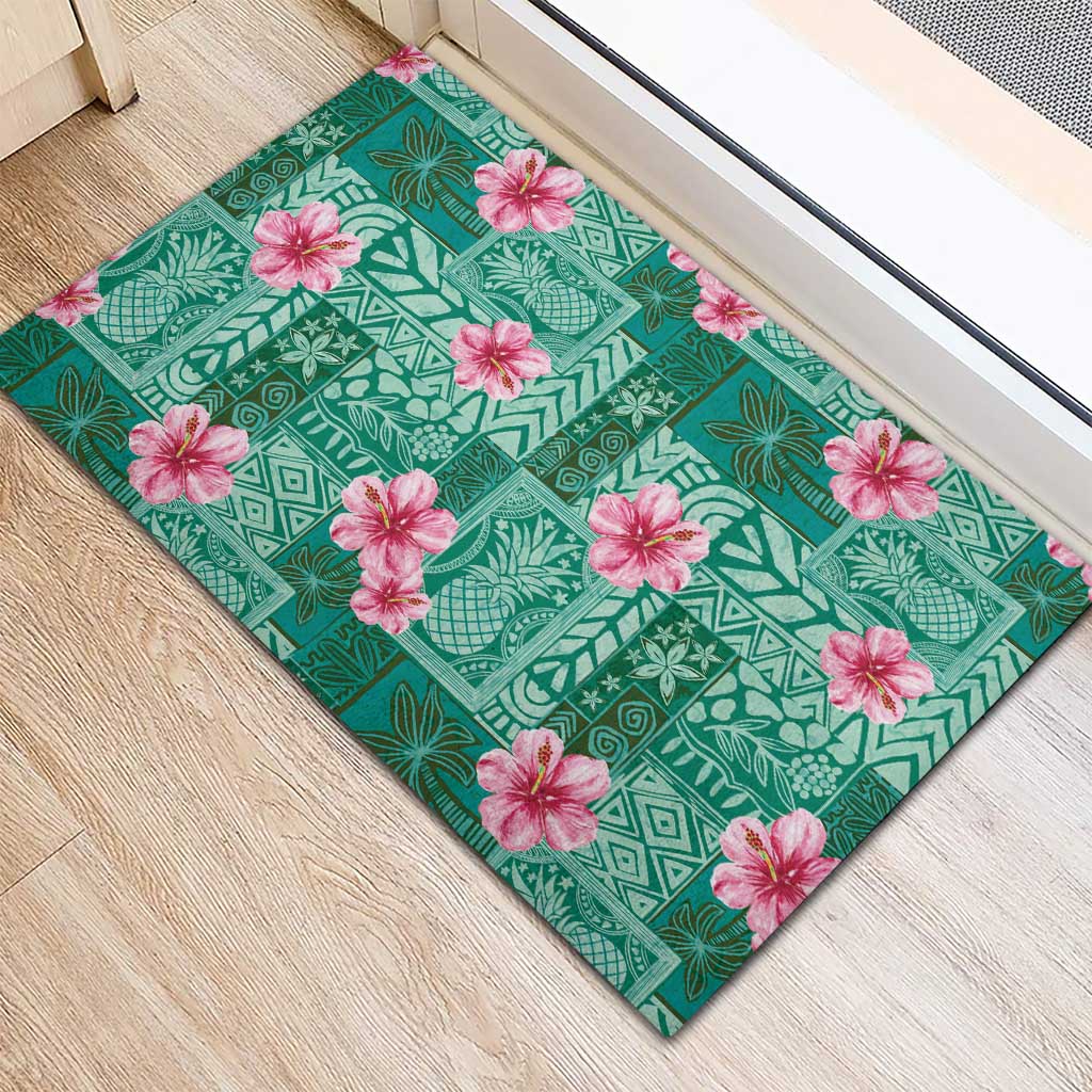 Cyan Hawaii Hibiscus With Tropical Flowers Motifs Rubber Doormat - Polynesian Pride