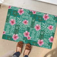 Cyan Hawaii Hibiscus With Tropical Flowers Motifs Rubber Doormat - Polynesian Pride