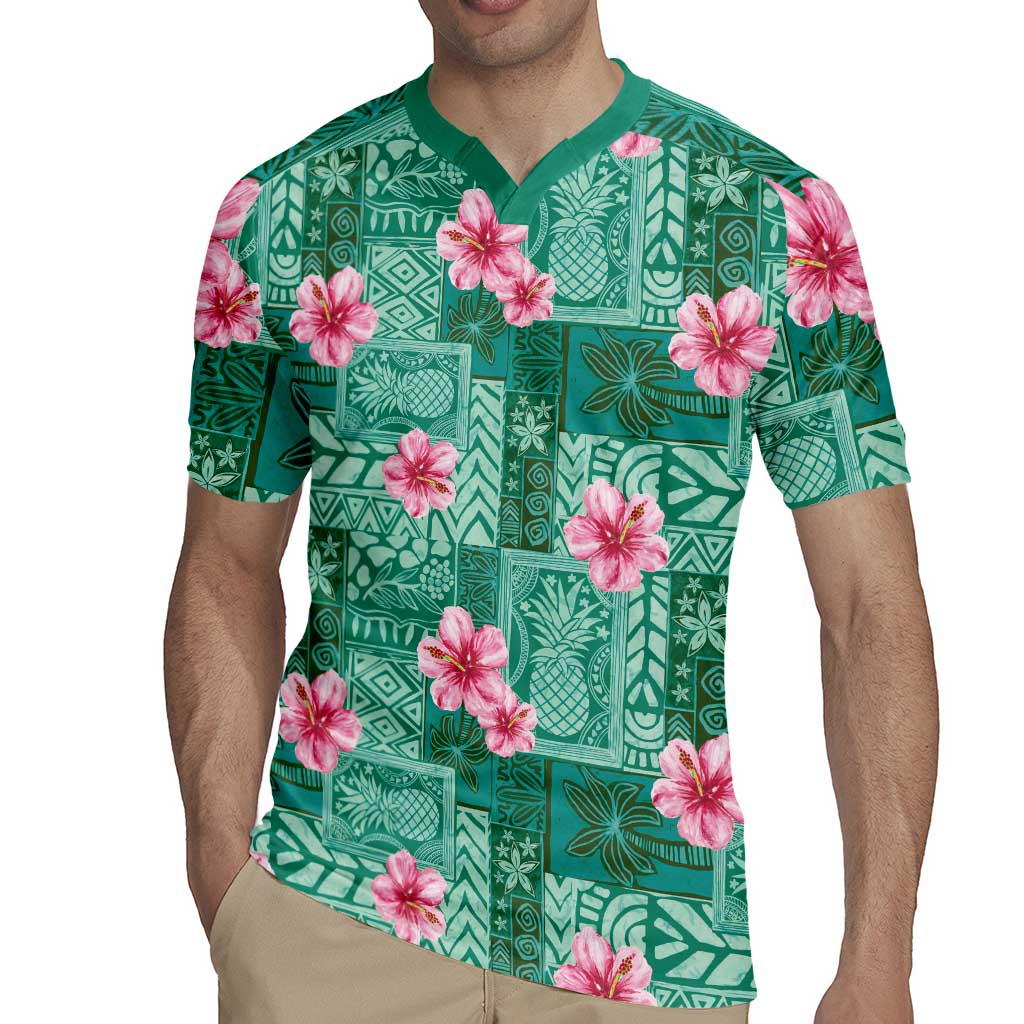 Cyan Hawaii Hibiscus With Tropical Flowers Motifs Rugby Jersey - Polynesian Pride