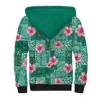 Cyan Hawaii Hibiscus With Tropical Flowers Motifs Sherpa Hoodie - Polynesian Pride