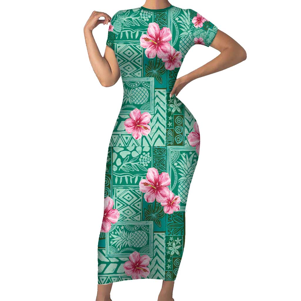 Cyan Hawaii Hibiscus With Tropical Flowers Motifs Short Sleeve Bodycon Dress - Polynesian Pride