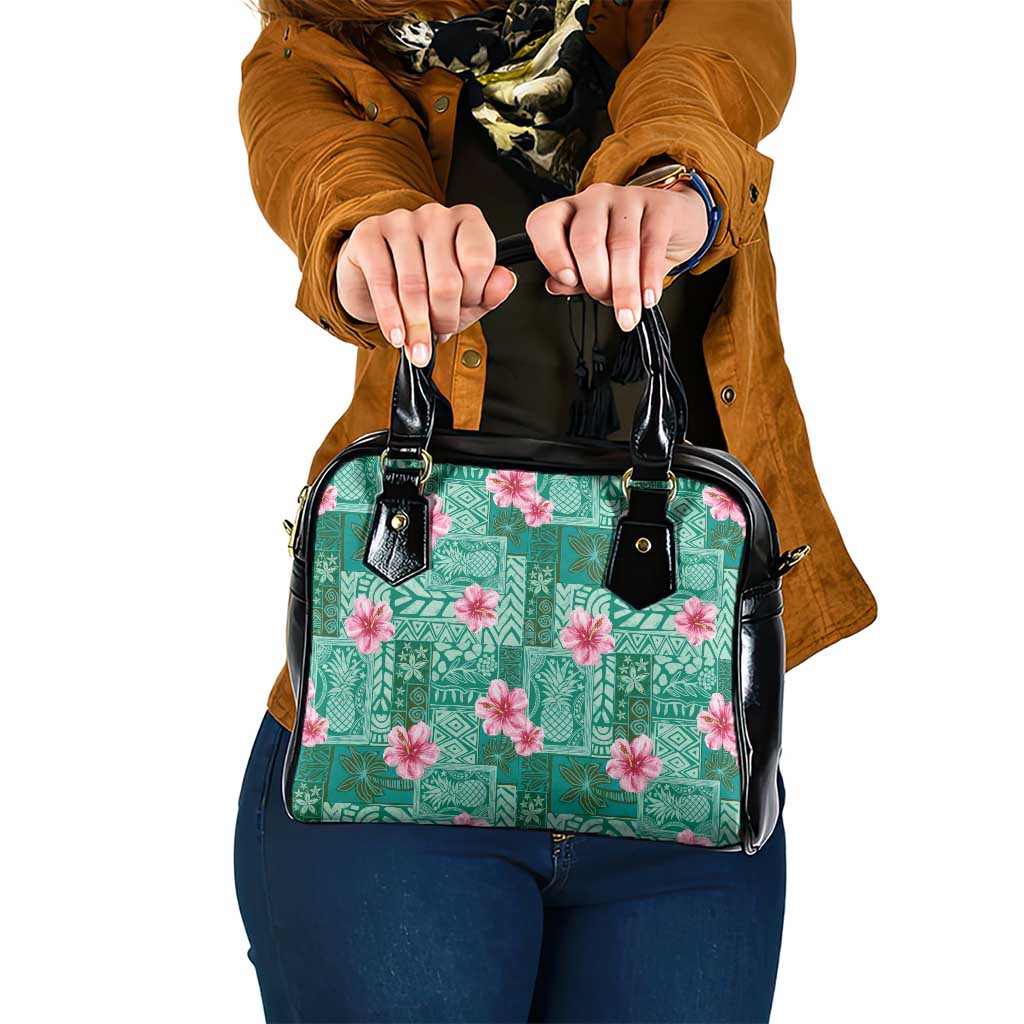 Cyan Hawaii Hibiscus With Tropical Flowers Motifs Shoulder Handbag - Polynesian Pride