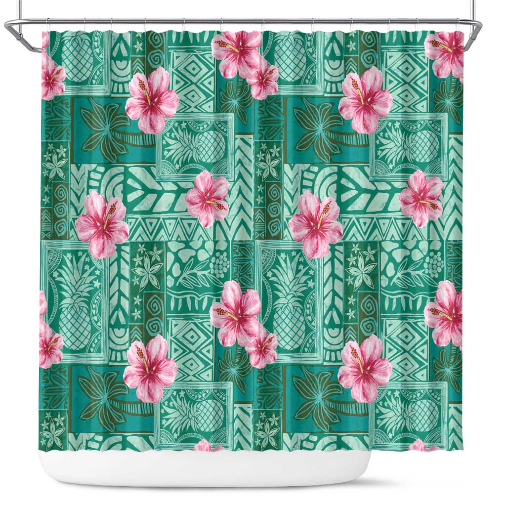 Cyan Hawaii Hibiscus With Tropical Flowers Motifs Shower Curtain LT14 Cyan - Polynesian Pride