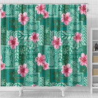 Cyan Hawaii Hibiscus With Tropical Flowers Motifs Shower Curtain - Polynesian Pride