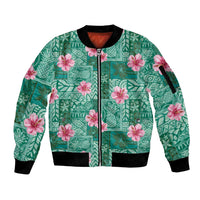 Cyan Hawaii Hibiscus With Tropical Flowers Motifs Sleeve Zip Bomber Jacket - Polynesian Pride