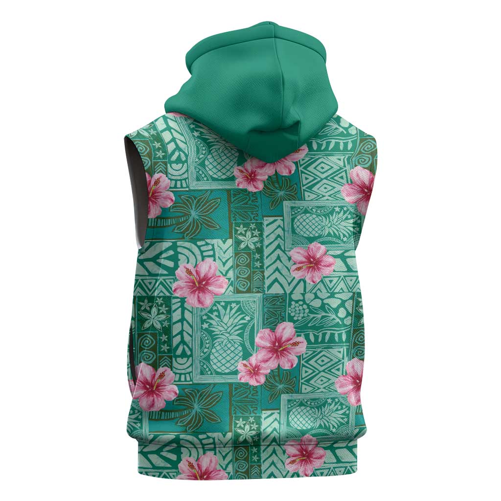 Cyan Hawaii Hibiscus With Tropical Flowers Motifs Sleeveless Hoodie - Polynesian Pride