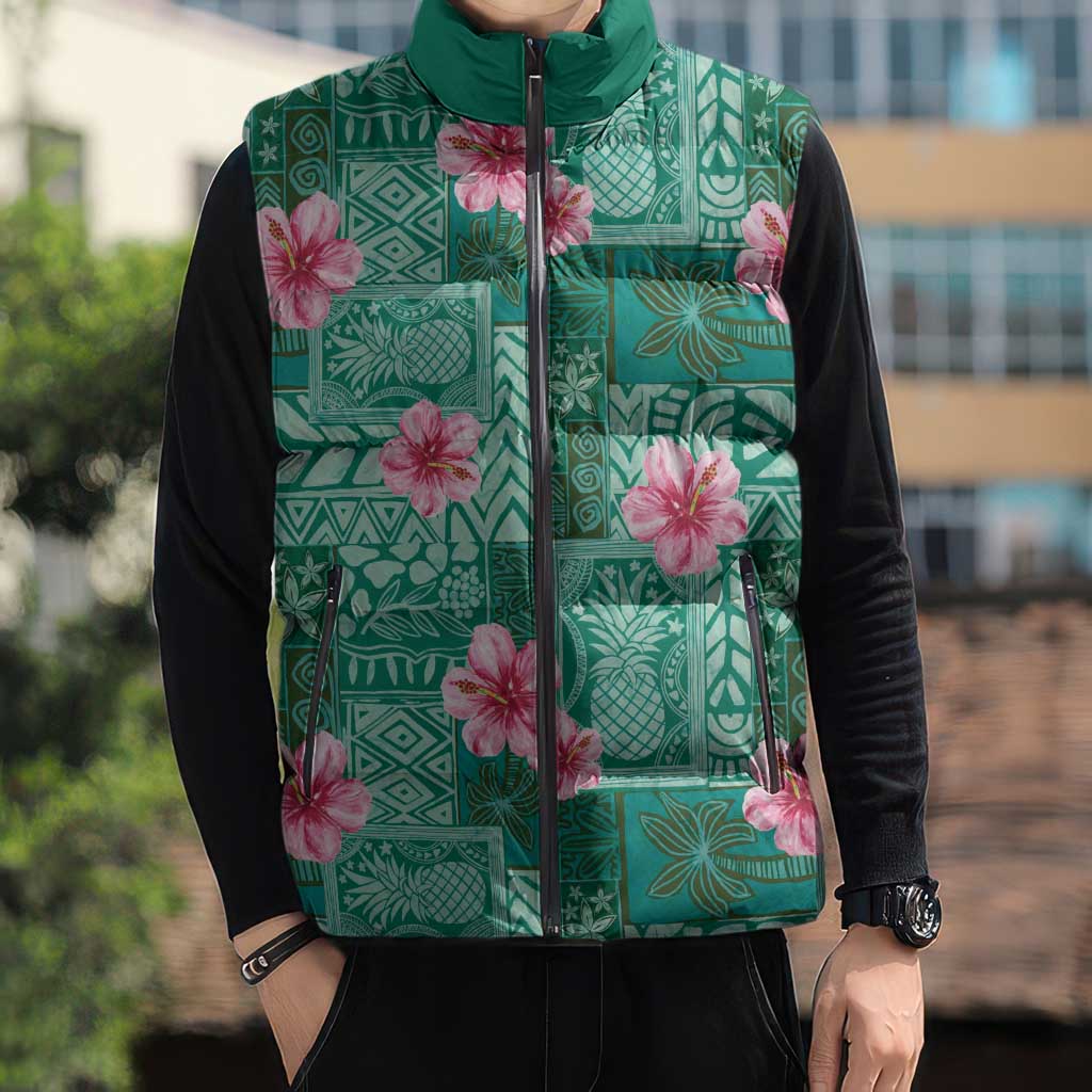 Cyan Hawaii Hibiscus With Tropical Flowers Motifs Sleeveless Puffer Jacket - Polynesian Pride
