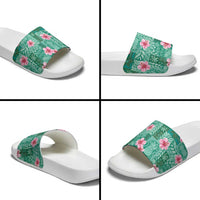 Cyan Hawaii Hibiscus With Tropical Flowers Motifs Slide Sandals - Polynesian Pride