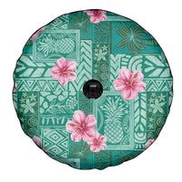 Cyan Hawaii Hibiscus With Tropical Flowers Motifs Spare Tire Cover - Polynesian Pride