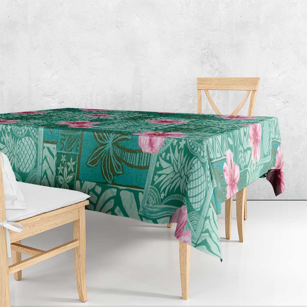 Cyan Hawaii Hibiscus With Tropical Flowers Motifs Tablecloth - Polynesian Pride