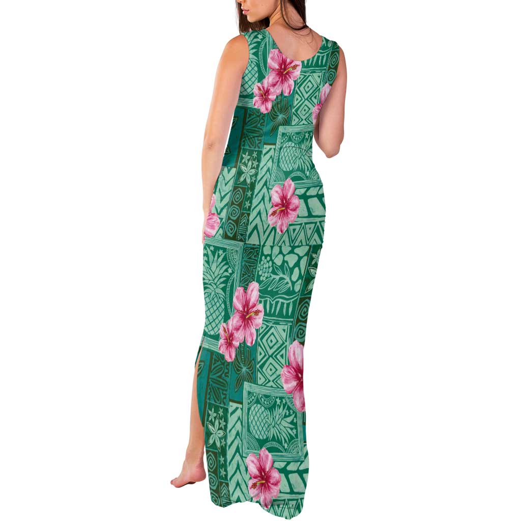 Cyan Hawaii Hibiscus With Tropical Flowers Motifs Tank Maxi Dress - Polynesian Pride