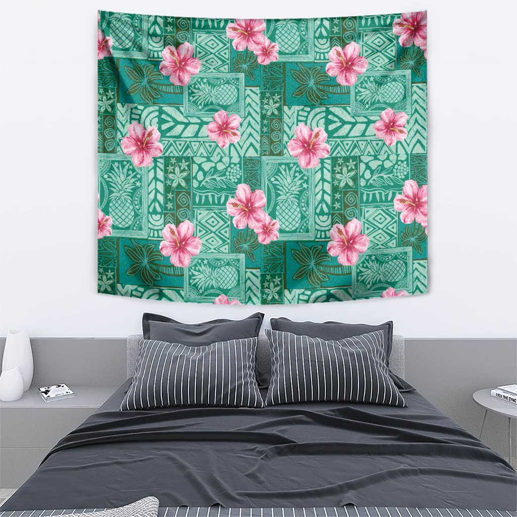 Cyan Hawaii Hibiscus With Tropical Flowers Motifs Tapestry - Polynesian Pride