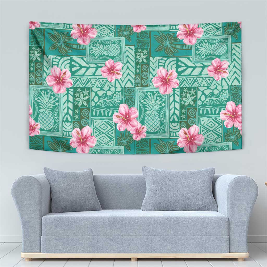 Cyan Hawaii Hibiscus With Tropical Flowers Motifs Tapestry - Polynesian Pride