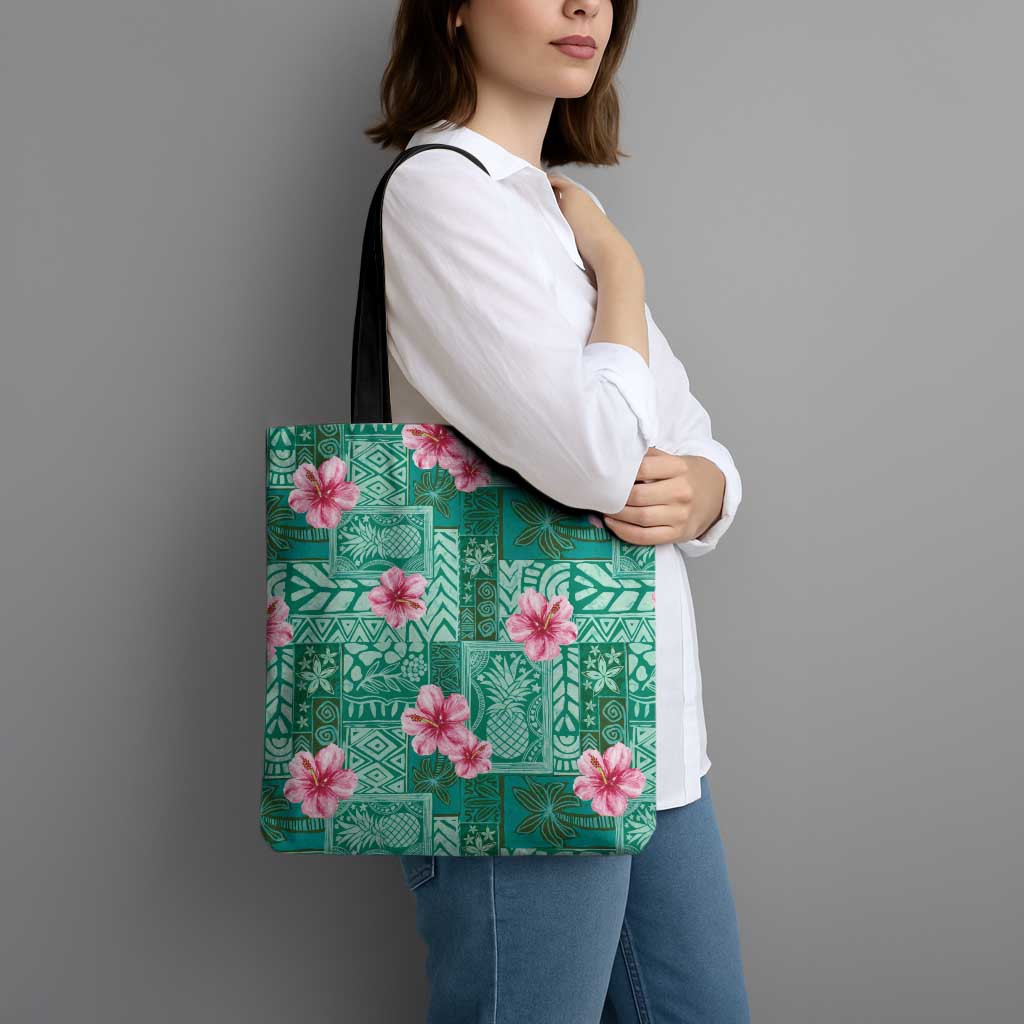 Cyan Hawaii Hibiscus With Tropical Flowers Motifs Tote Bag - Polynesian Pride