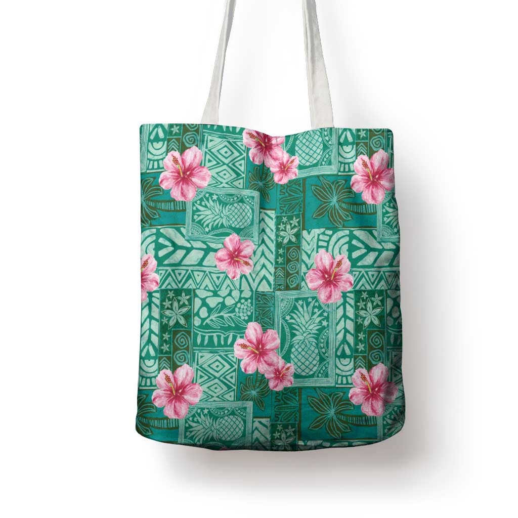 Cyan Hawaii Hibiscus With Tropical Flowers Motifs Tote Bag - Polynesian Pride