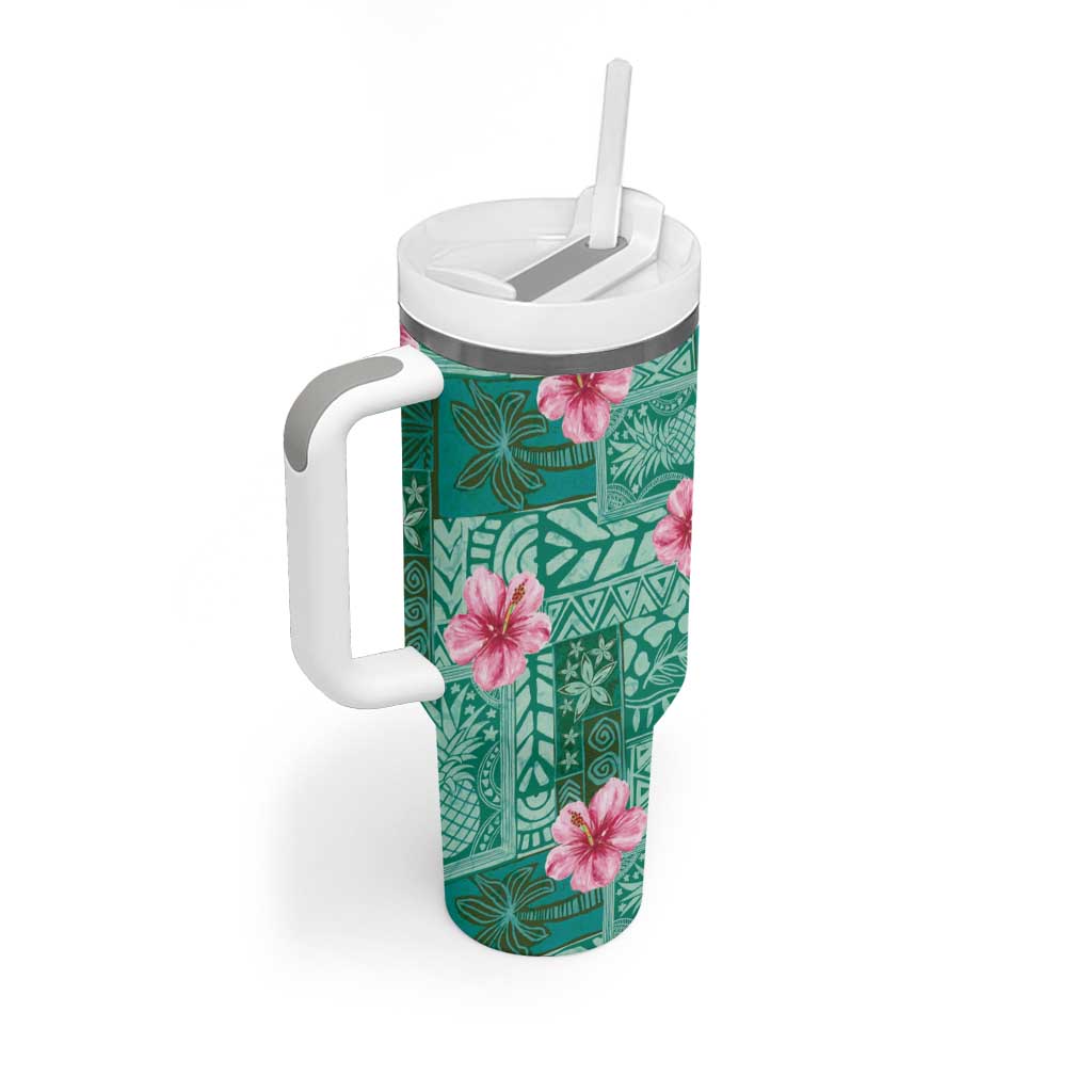 Cyan Hawaii Hibiscus With Tropical Flowers Motifs Tumbler With Handle - Polynesian Pride