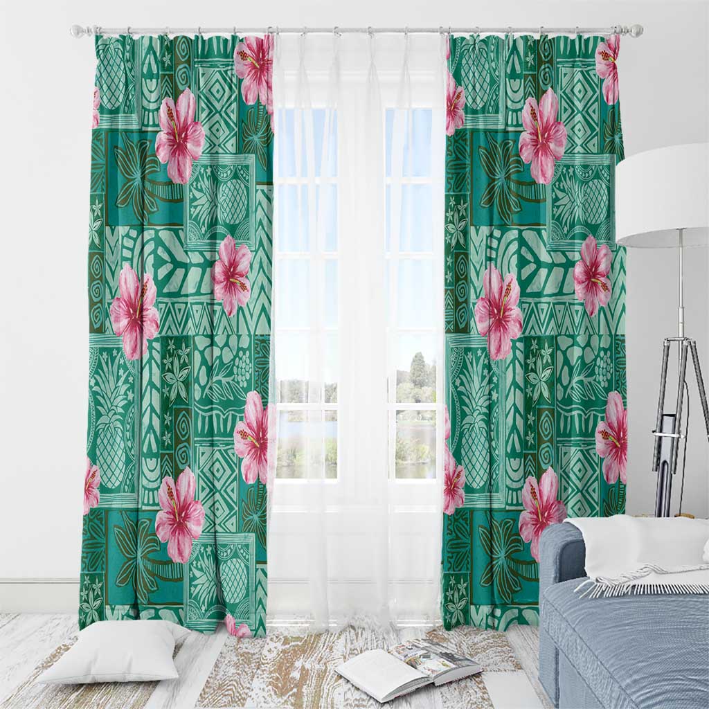 Cyan Hawaii Hibiscus With Tropical Flowers Motifs Window Curtain - Polynesian Pride