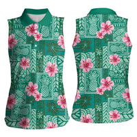 Cyan Hawaii Hibiscus With Tropical Flowers Motifs Women Sleeveless Polo Shirt - Polynesian Pride