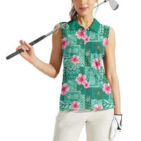 Cyan Hawaii Hibiscus With Tropical Flowers Motifs Women Sleeveless Polo Shirt - Polynesian Pride