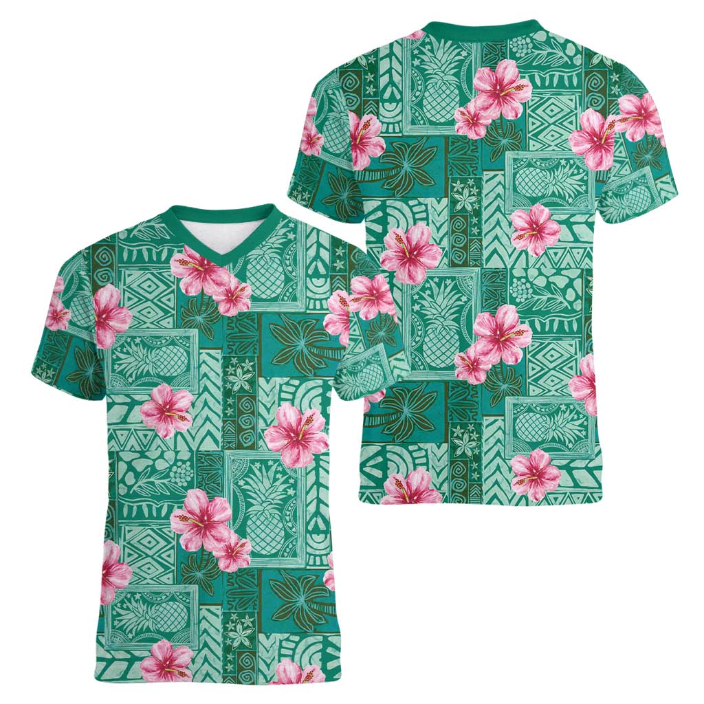 Cyan Hawaii Hibiscus With Tropical Flowers Motifs Women V-Neck T-Shirt - Polynesian Pride