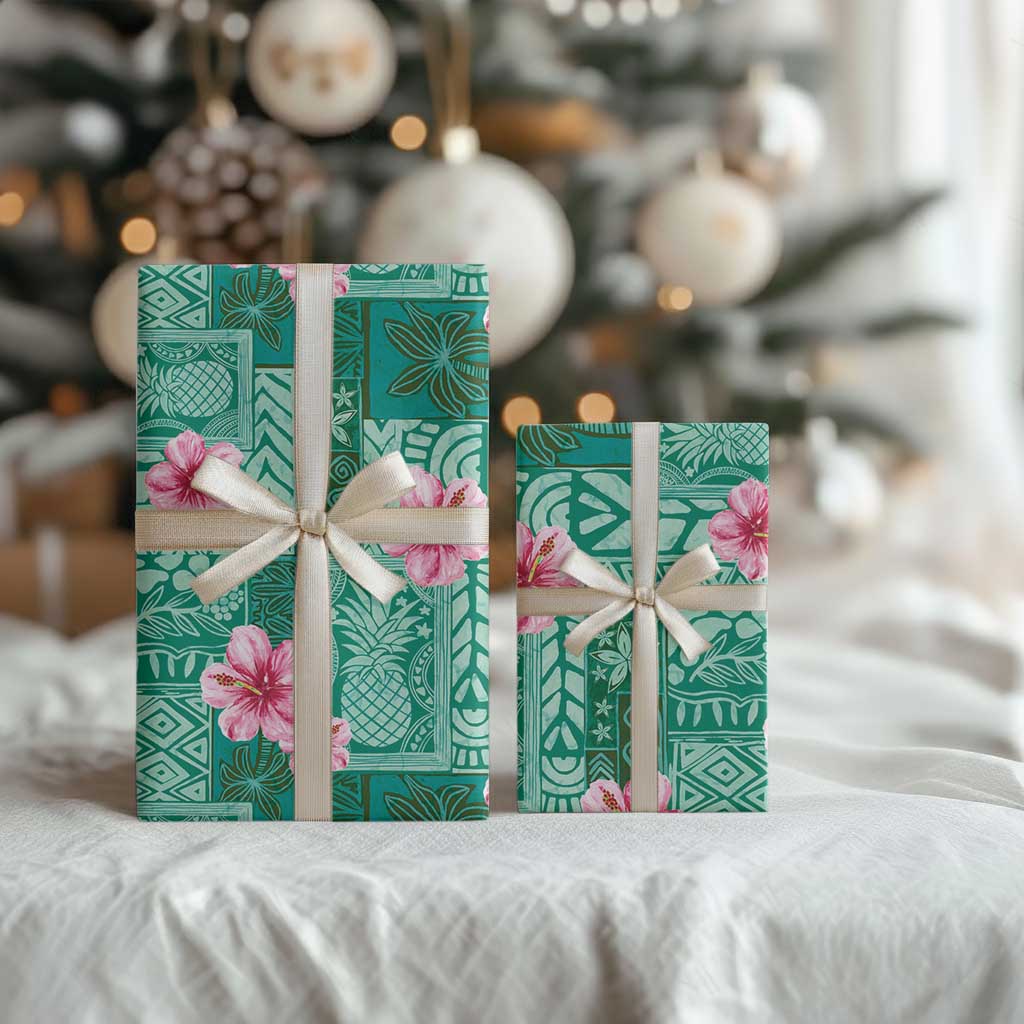 Cyan Hawaii Hibiscus With Tropical Flowers Motifs Wrapping Paper - Polynesian Pride