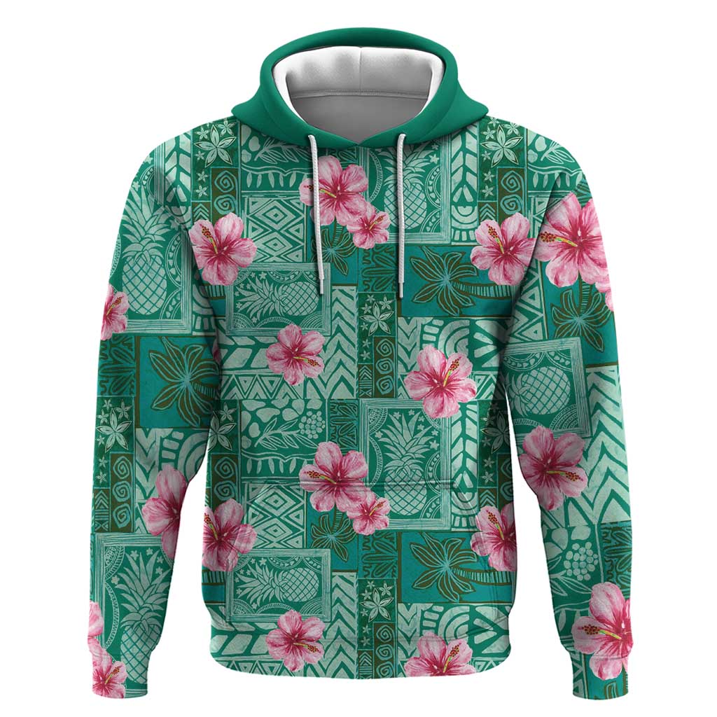 Cyan Hawaii Hibiscus With Tropical Flowers Motifs Zip Hoodie - Polynesian Pride
