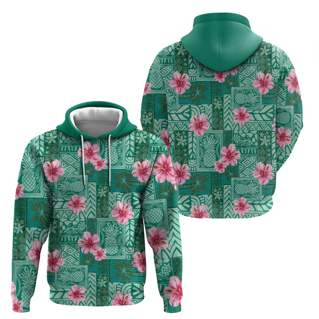 Cyan Hawaii Hibiscus With Tropical Flowers Motifs Zip Hoodie - Polynesian Pride