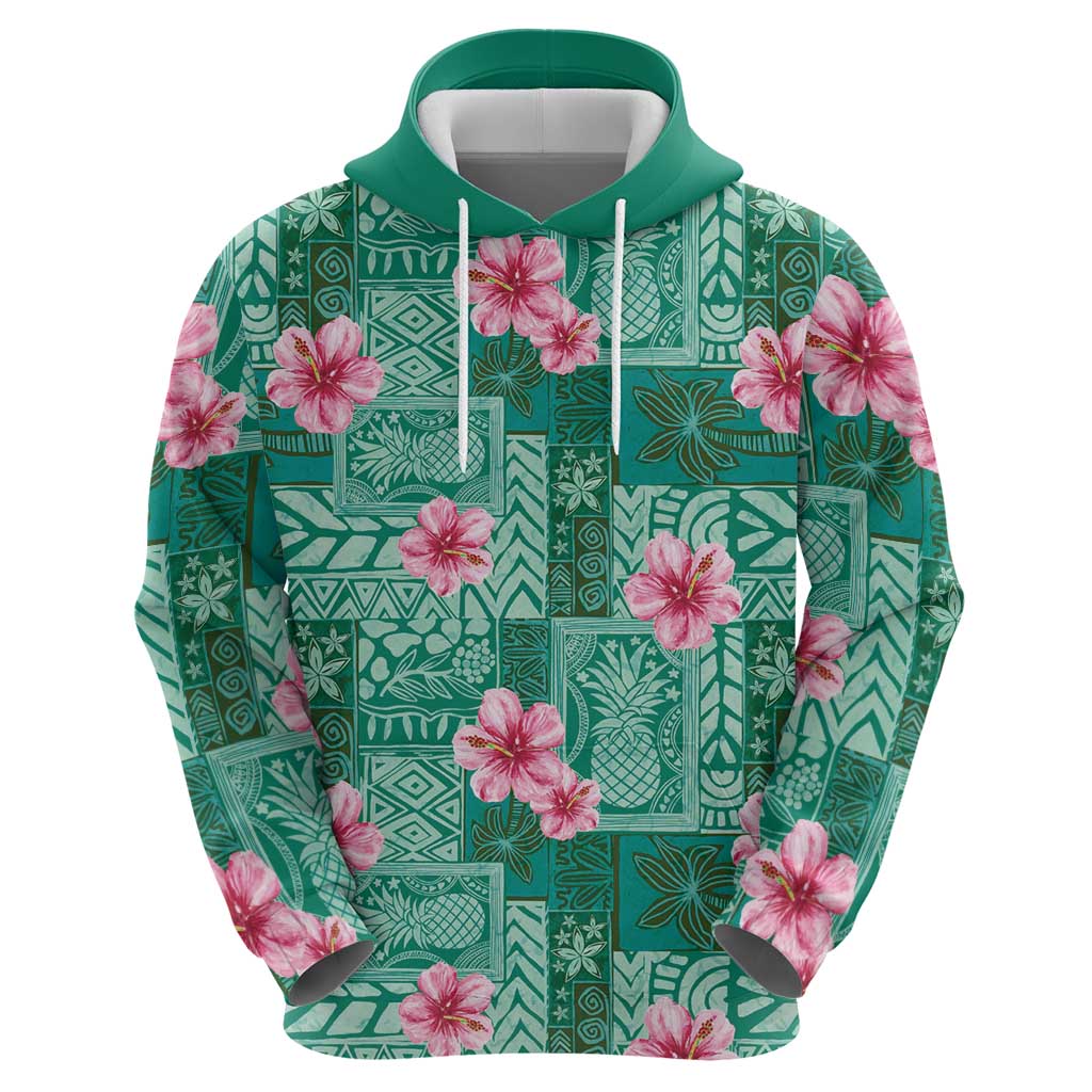 Cyan Hawaii Hibiscus With Tropical Flowers Motifs Zip Hoodie - Polynesian Pride