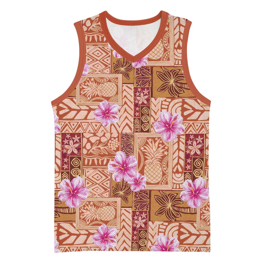 Orange Hawaii Hibiscus With Tropical Flowers Motifs Basketball Jersey - Polynesian Pride
