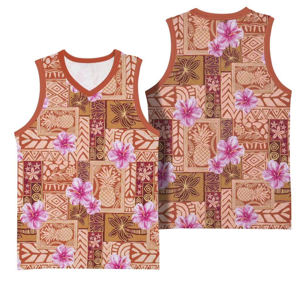 Orange Hawaii Hibiscus With Tropical Flowers Motifs Basketball Jersey - Polynesian Pride