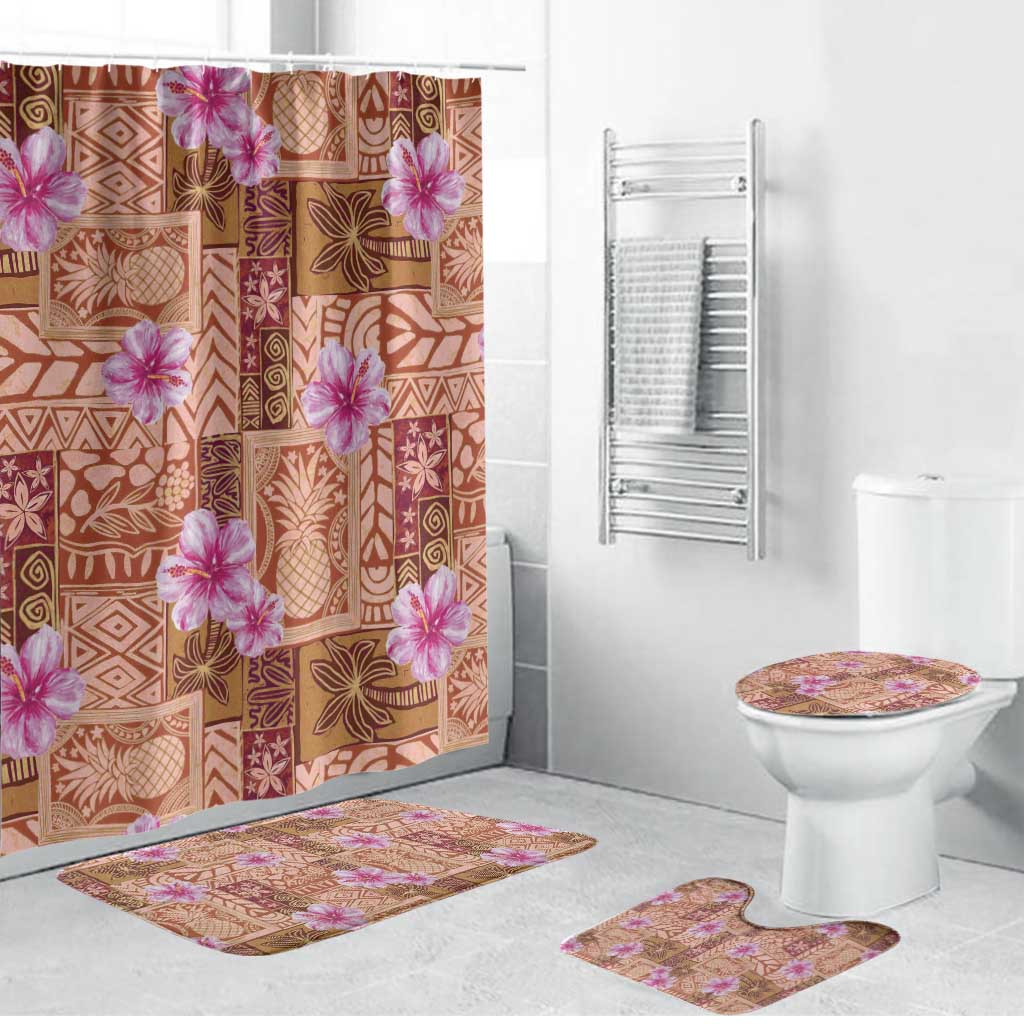 Orange Hawaii Hibiscus With Tropical Flowers Motifs Bathroom Set - Polynesian Pride