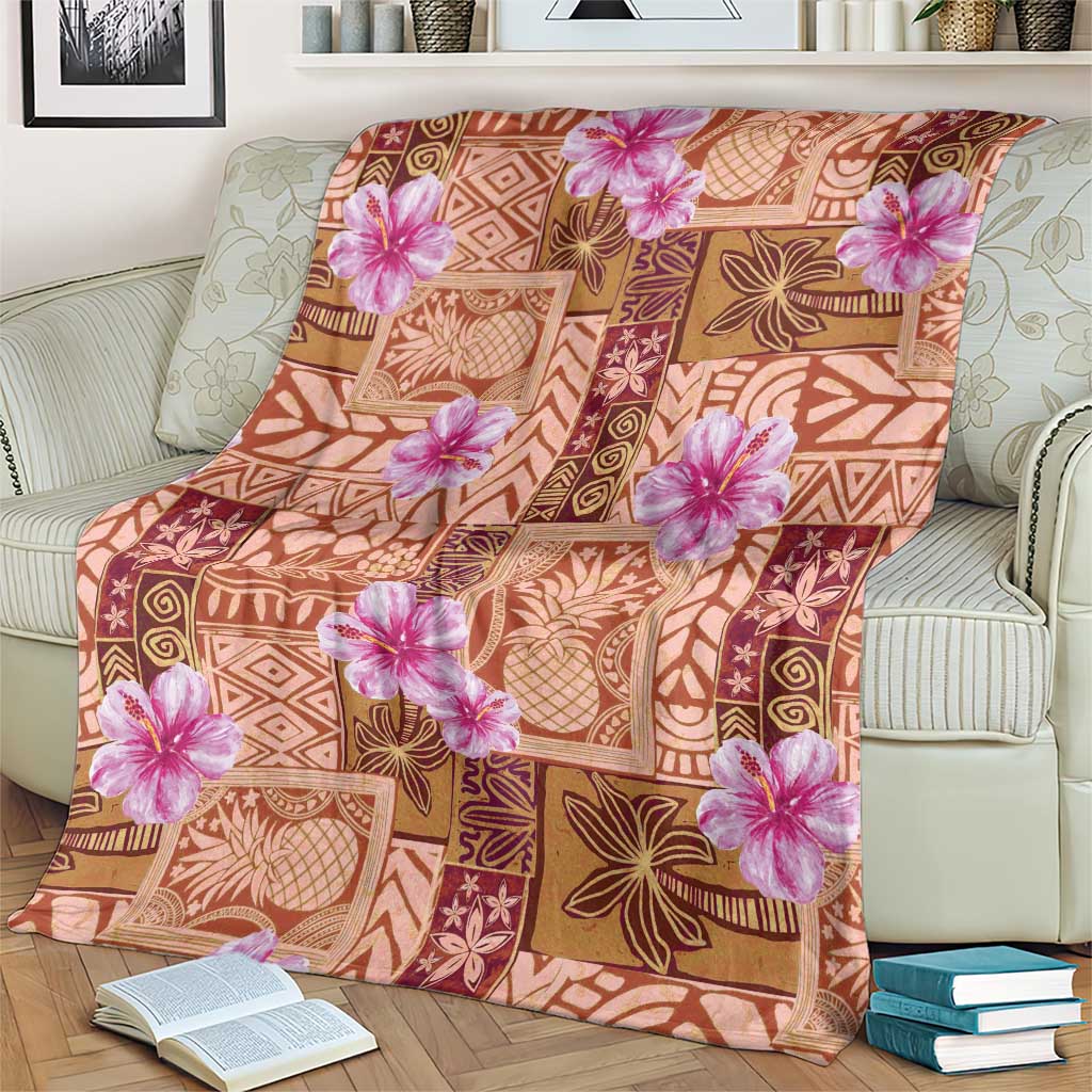 Orange Hawaii Hibiscus With Tropical Flowers Motifs Blanket - Polynesian Pride