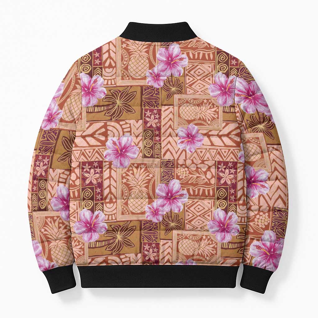 Orange Hawaii Hibiscus With Tropical Flowers Motifs Bomber Puffer Jacket - Polynesian Pride