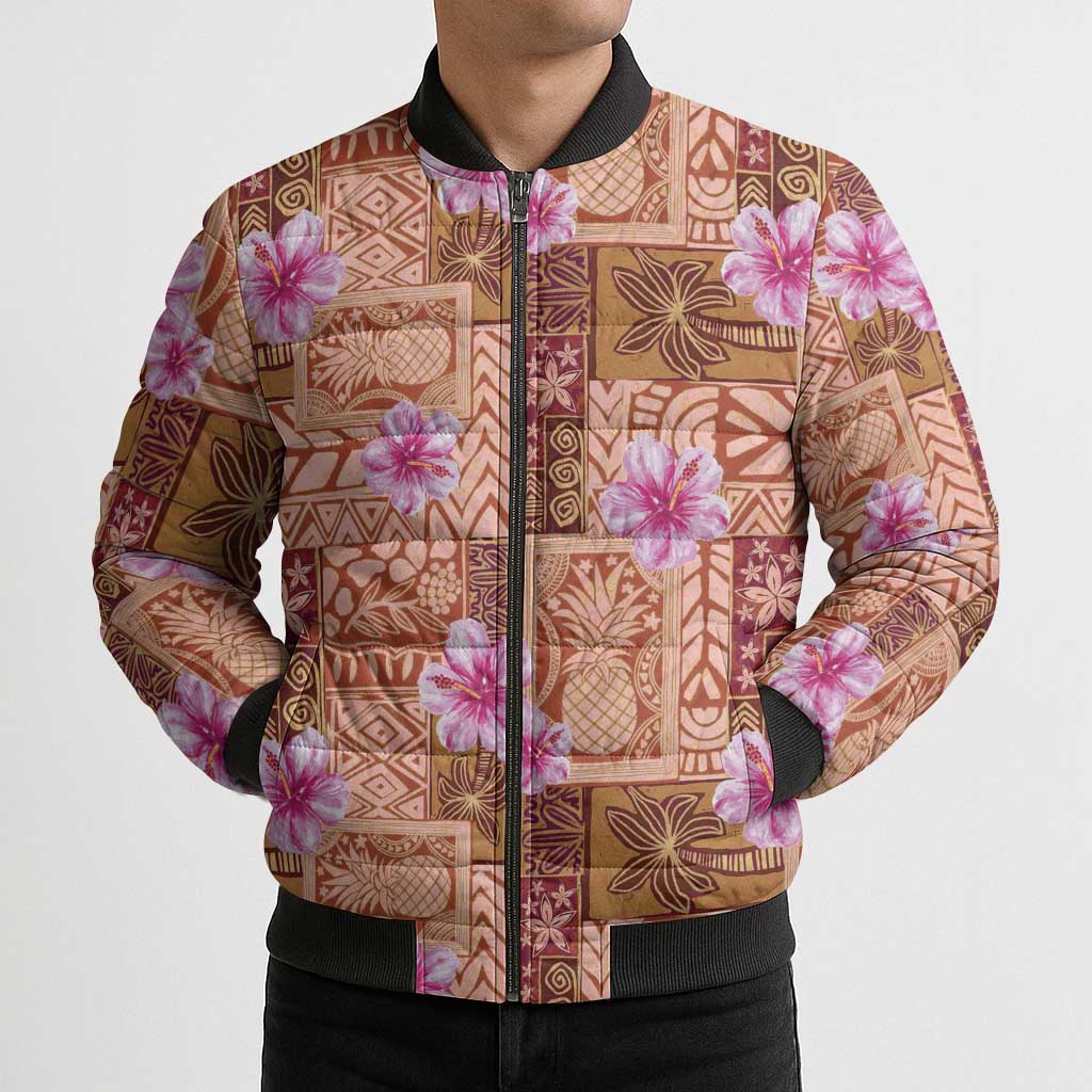 Orange Hawaii Hibiscus With Tropical Flowers Motifs Bomber Puffer Jacket - Polynesian Pride