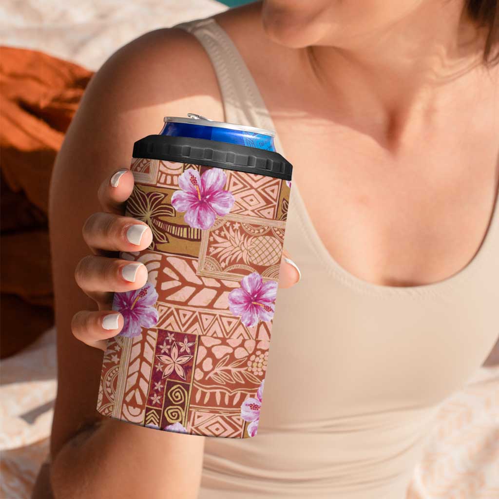 Orange Hawaii Hibiscus With Tropical Flowers Motifs 4 in 1 Can Cooler Tumbler - Polynesian Pride