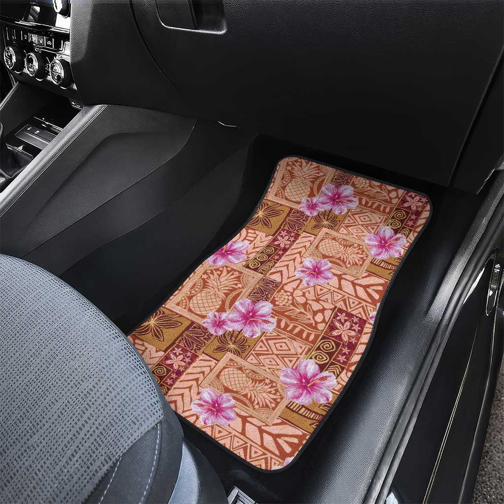 Orange Hawaii Hibiscus With Tropical Flowers Motifs Car Mats - Polynesian Pride