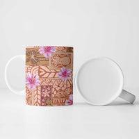 Orange Hawaii Hibiscus With Tropical Flowers Motifs Ceramic Mug - Polynesian Pride